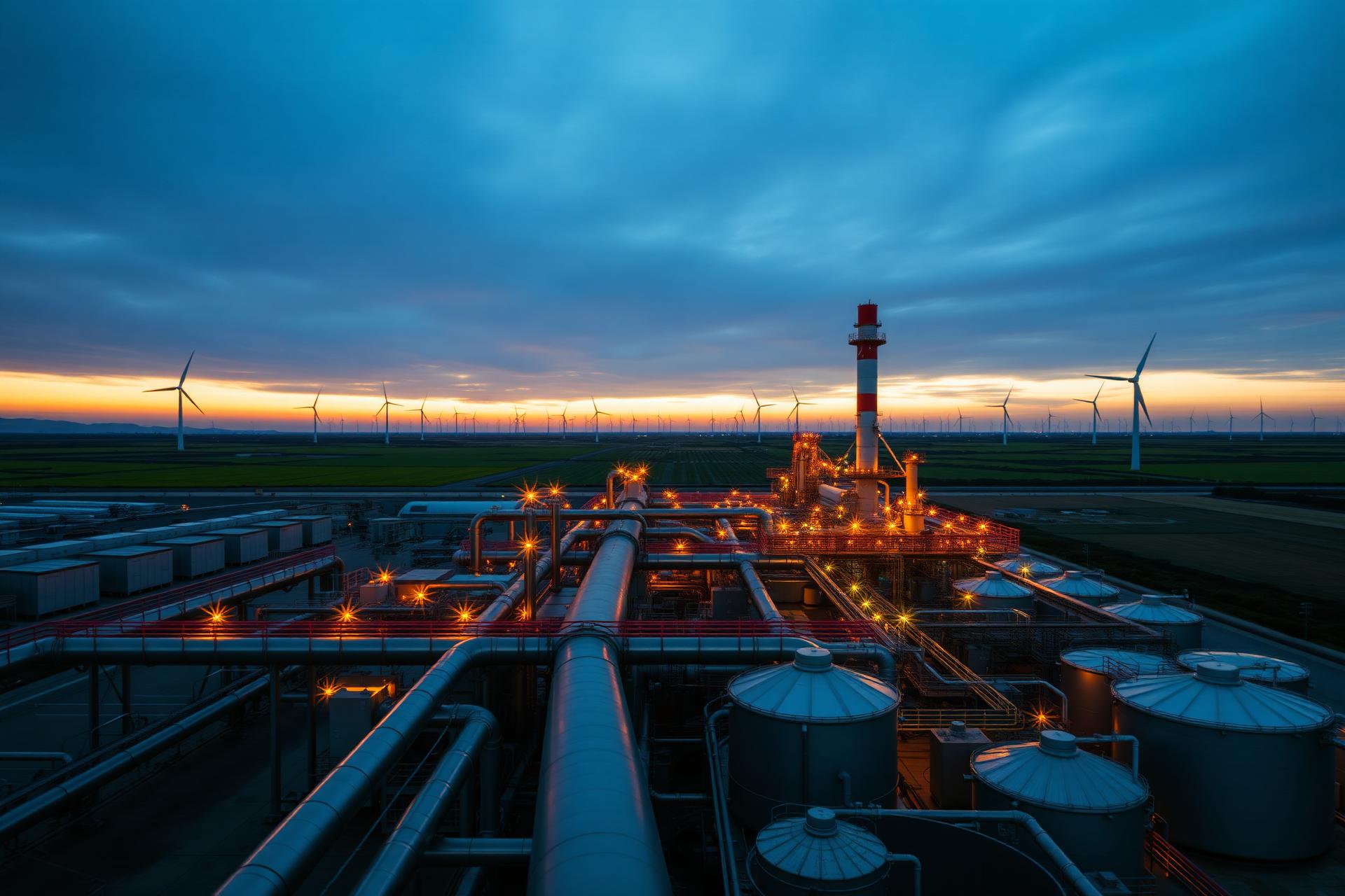 Industrial hydrogen facility at dusk with wind turbines